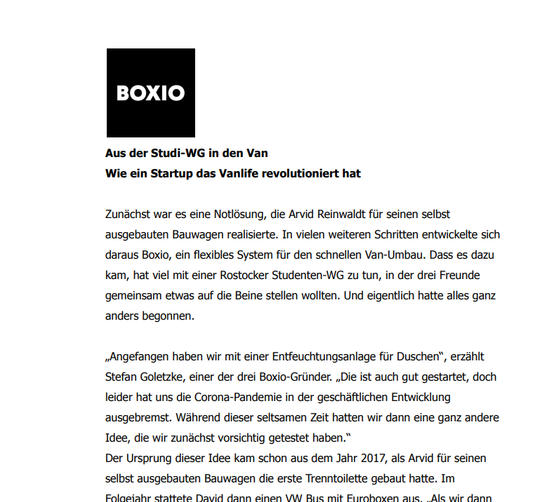 Textausschnitt über das Startup Boxio, das flexible Systeme für den Van-Umbau entwickelt.