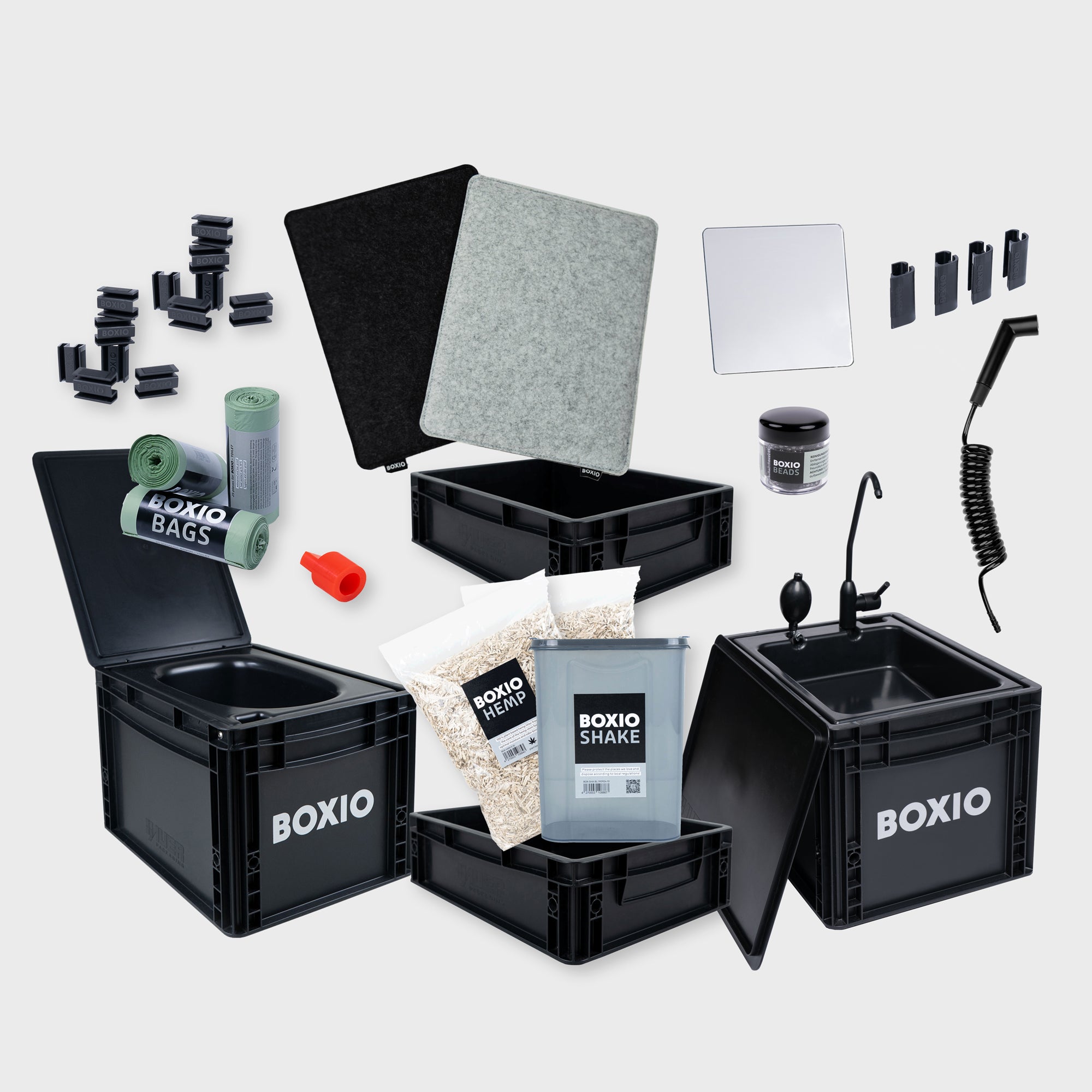 BOXIO - SANITARY: Complete set with urine-diverting toilet, mobile washbasin and accessories